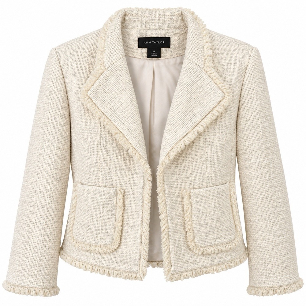 Ann Taylor Tweed Jacket Women M Ivory Cream Fringe Open Front Old Money